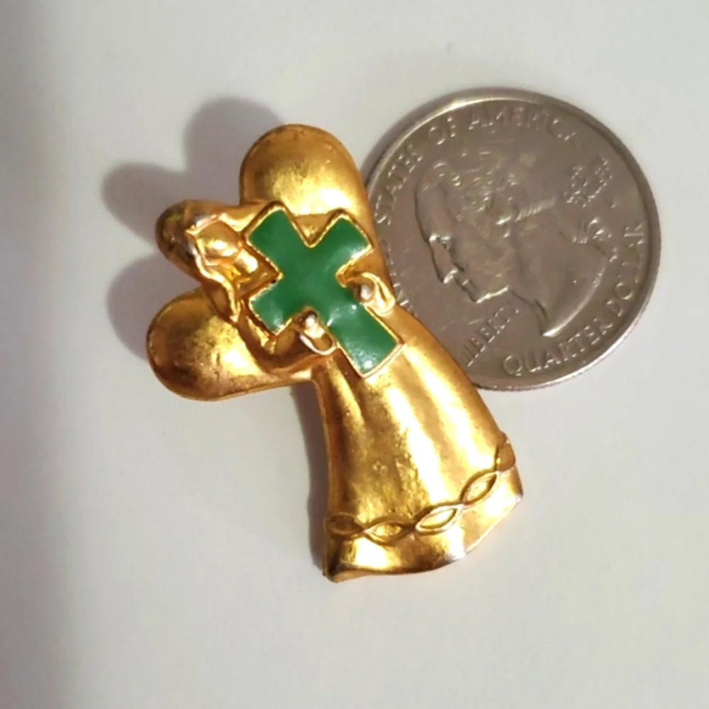 Golden Angel Holding an Irish Blessing Green Cross Brooch Pin